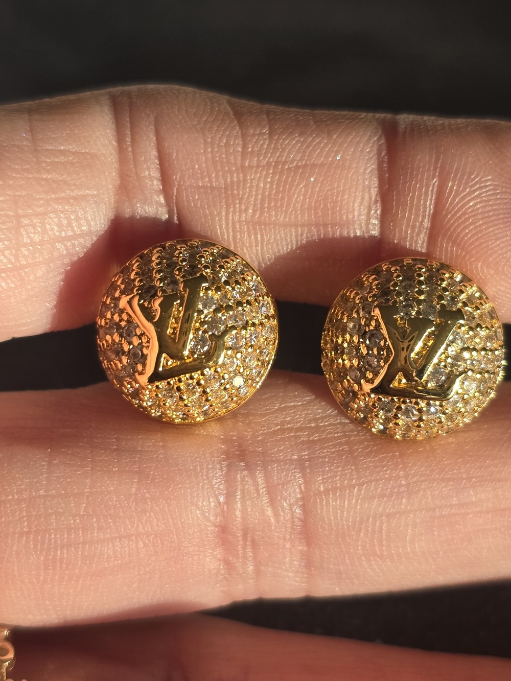 Louis Vuitton Gold Crystal Pavé Logo Disc Stud Earrings